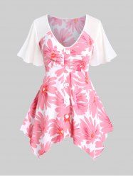 Plus Size Floral Buttoned Handkerchief Hem Chiffon Butterfly Sleeve Top -  
