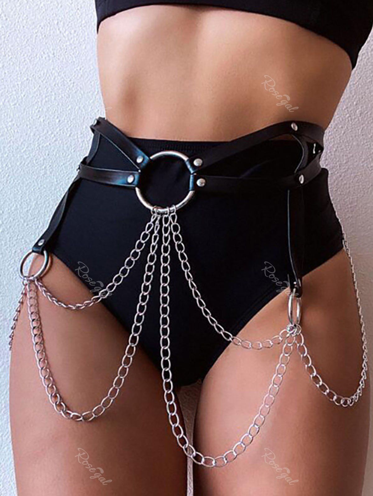 Cheap Punk Faux Leather Layered Rings Belt Waist Chain  