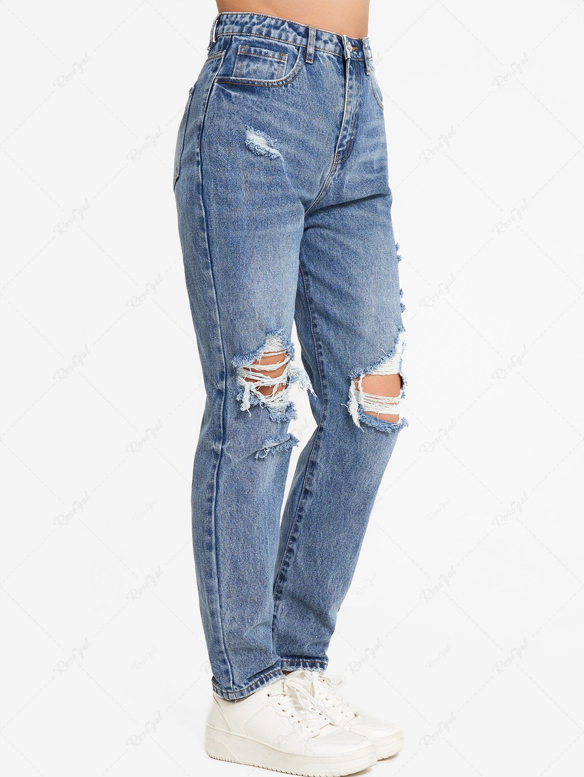 Online Zipper Fly High Waisted Pockets Straight Leg Distressed Long Ripped Jeans  