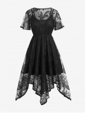 Gothic Embroidered Lace Handkerchief Hem Midi Dress - BLACK - 3X | US 22-24
