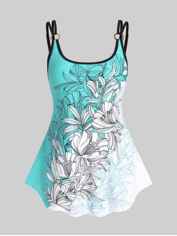 Plus Size Flower Printed Colorblock O-ring Padded Tankini Top Swimsuit - LIGHT BLUE - M | US 10