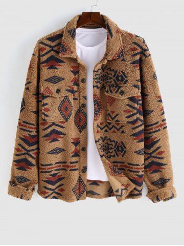 Ethnic Aztec Geo Printed Polar Fleece Fluffy Shacket - COFFEE - S