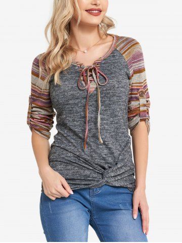 Tribal Stripe Pattern Raglan Sleeve Knit T Shirt - GRAY - XL