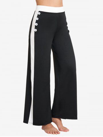 Contrast Striped Mock Button Elastic High Waisted Long Pants - BLACK - XXL