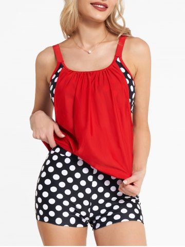 Modest Polka Dot Colorblock Padded Boyshorts Strap Tankini Swimsuit - RED - S