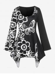 T-shirt Mouchoir à Imprimé Papillon et Fleur de Grande Taille - Noir 5X