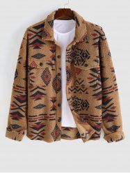 Ethnic Aztec Geo Printed Polar Fleece Fluffy Shacket -  