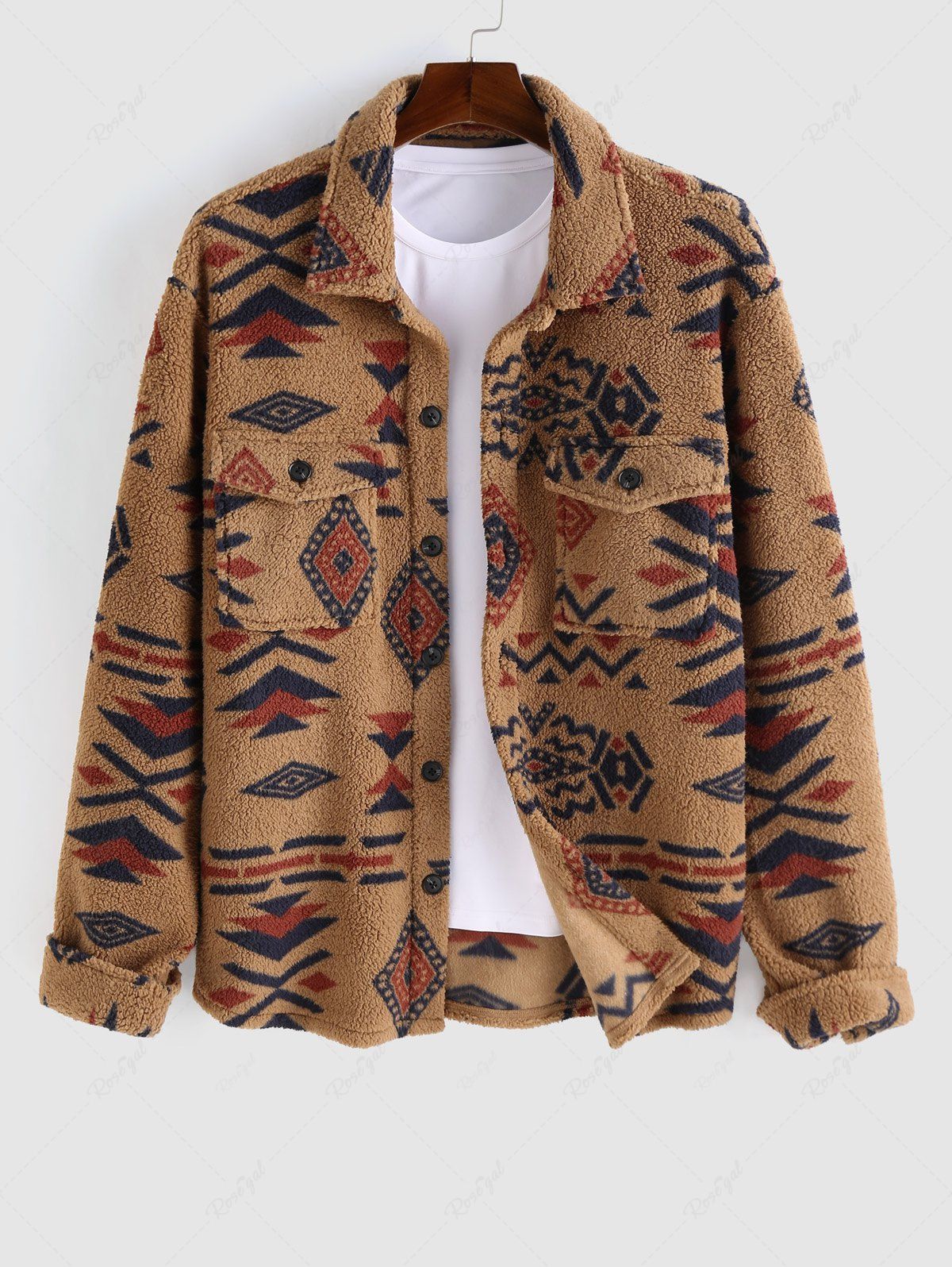 Unique Ethnic Aztec Geo Printed Polar Fleece Fluffy Shacket  