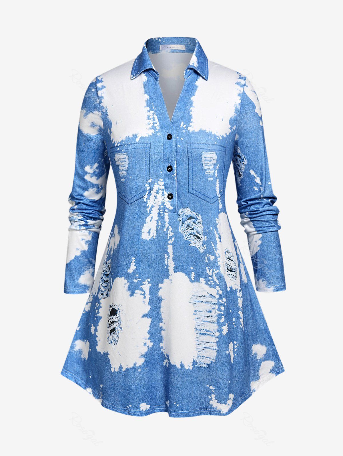 Sale Plus Size Half Button 3D Ripped Denim Print Blouse  