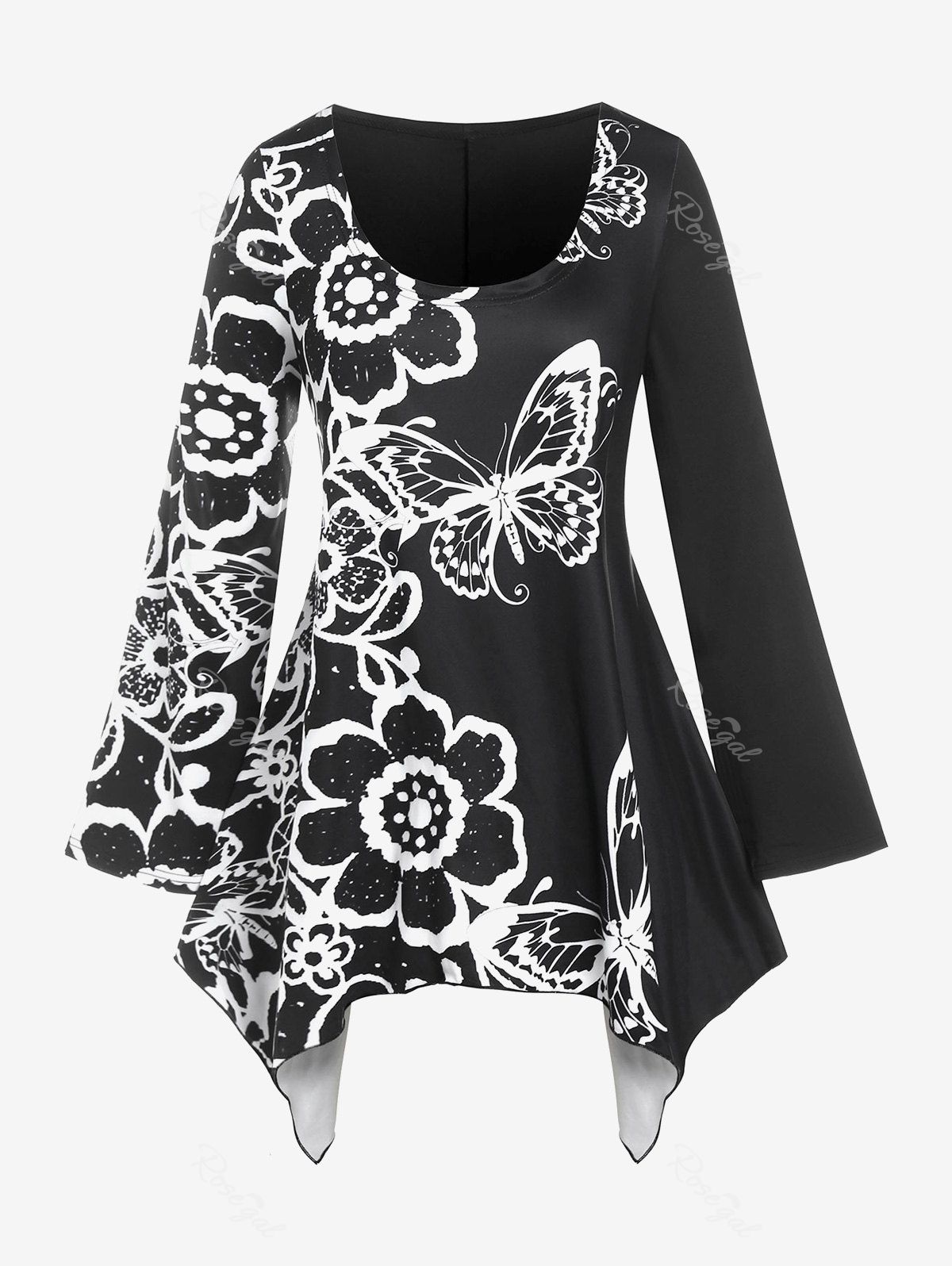 T-shirt Mouchoir à Imprimé Papillon et Fleur de Grande Taille Noir 5X
