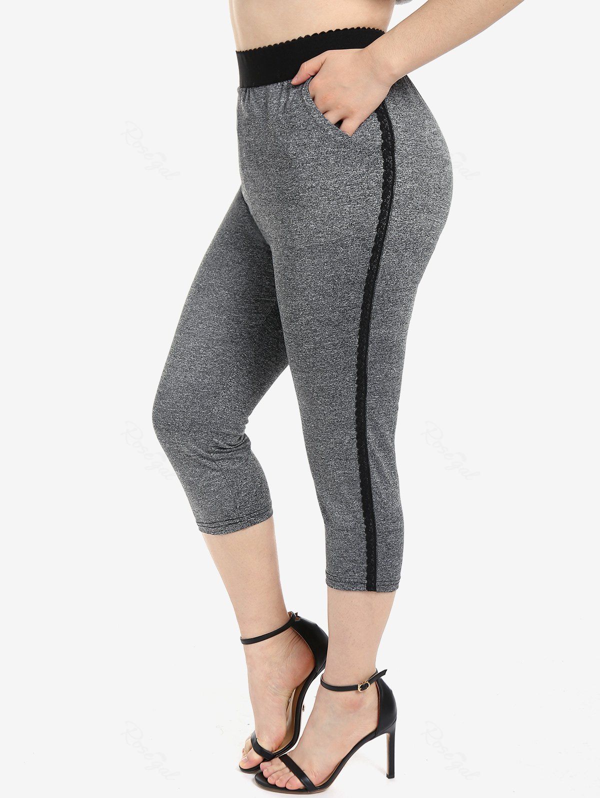 Best Plus Size Lace Trim Space Dye Skinny Capri Leggings  