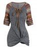 T-shirt Tribal en Tricot Motif Rayé à Manches Raglan - Gris XXL