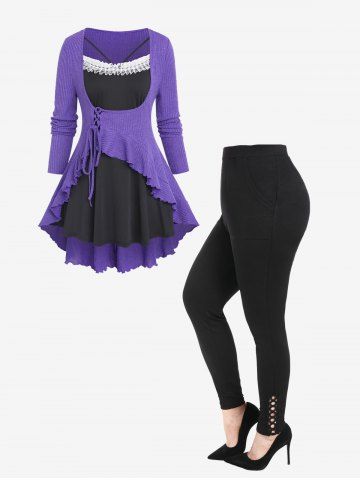 Lace Panel Lace-up Flounce Twofer Sweater and Hollow Out High Rise Leggings with Pockets Plus Size Outerwear Outfit - PURPLE