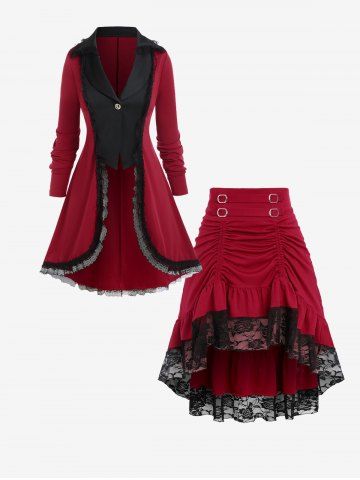 Lace Trim Two Tone Coat and Ruched Lace Ruffled Hem Layered Midi Skirt Plus Size Outerwear Outfit