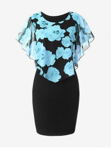 Plus Size Floral Overlay Sheath Capelet Dress - LIGHT BLUE - XL