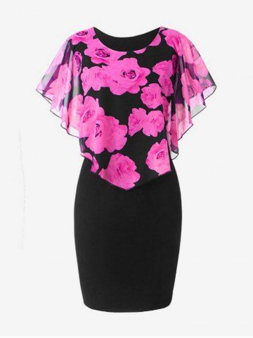 Plus Size Valentine Day Floral Overlay Sheath Capelet Dress