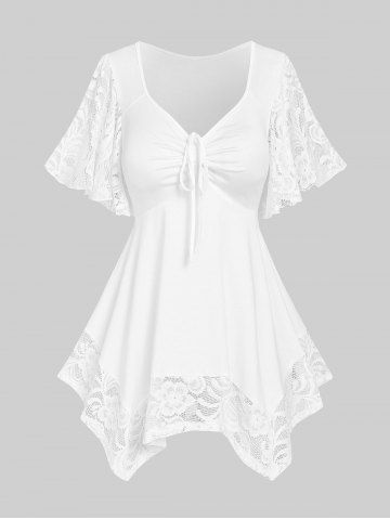 Plus Size Flower Lace Sleeve Handkerchief T Shirt - WHITE - M | US 10