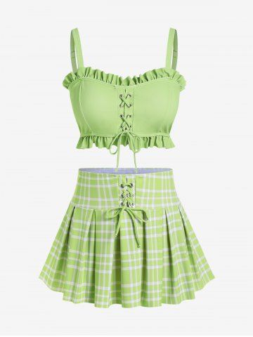 Plus Size Lace-up Ruffles Backless Top and Pleated Plaid Skirt Padded Tankini Swimsuit - LIGHT GREEN - L | US 12