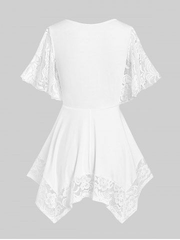 Plus Size Flower Lace Sleeve Handkerchief T Shirt
