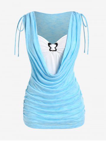 Plus Size Space Dye Cinched Ruched Draped 2 in 1 Tank Top - LIGHT BLUE - 4X | US 26-28