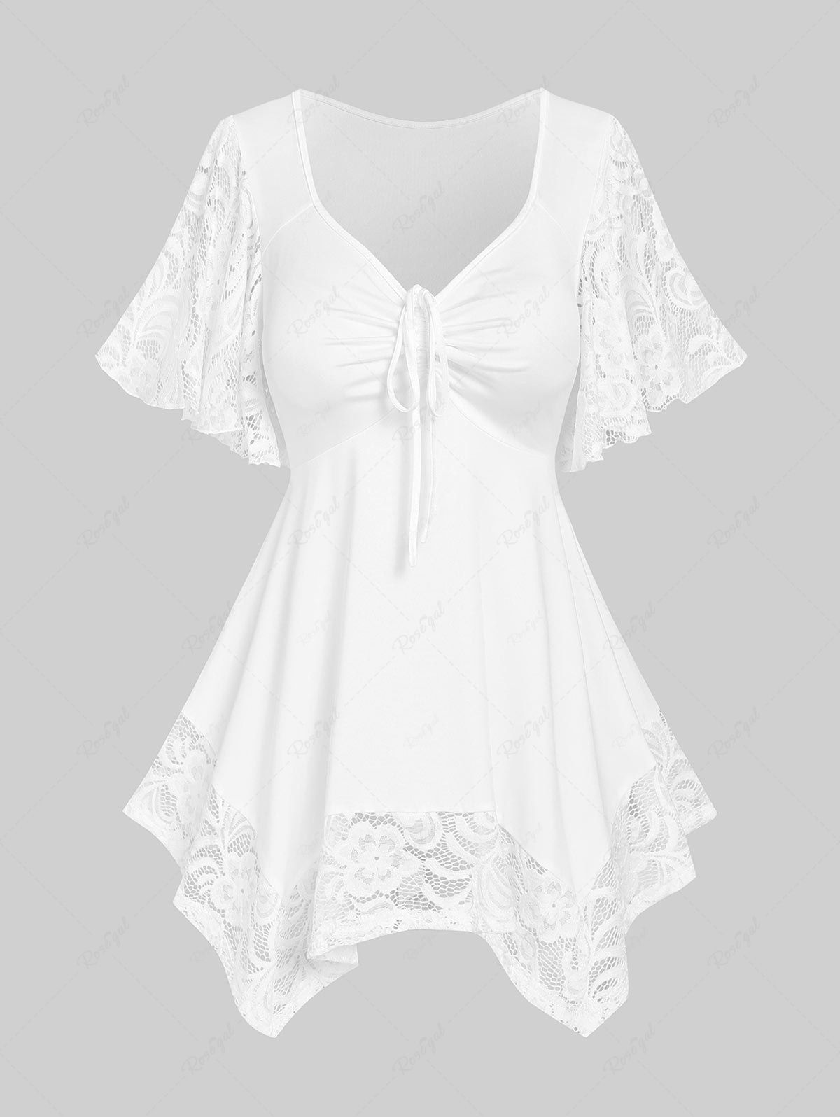 Online Plus Size Flower Lace Sleeve Handkerchief T Shirt  