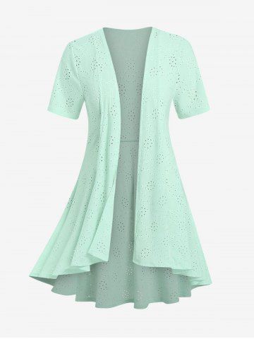 Plus Size & Curve Open Front Broderie Anglaise High Low Cardigan - LIGHT GREEN - 1X