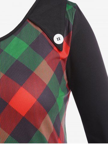 Plus Size Plaid Panel Buttons Long Sleeve Tunic Top