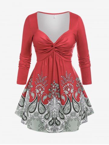Plus Size Paisley Print Front Twist Tee - RED - 2X