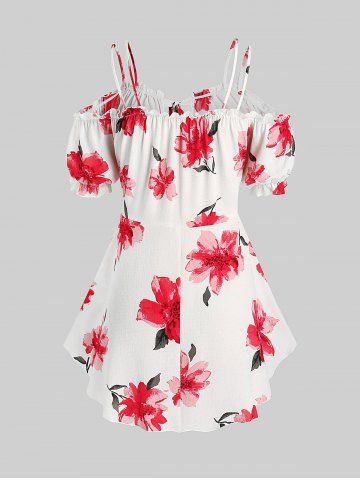 Plus Size & Curve Floral Print Front Tie Cold Shoulder Blouse