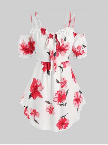 Plus Size & Curve Floral Print Front Tie Cold Shoulder Blouse - RED - L