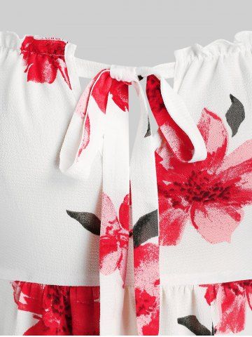 Plus Size & Curve Floral Print Front Tie Cold Shoulder Blouse
