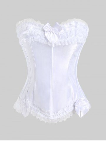 Frilled Bowknot Lace-up Boning Overbust Corset - WHITE - XL