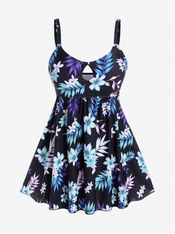 Plus Size Keyhole Flower Leaf Printed Padded Tankini Swimsuit - BLUE - M | US 10