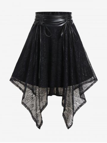 Gothic Cinched Ruched Lace Asymmetrical Skirt - BLACK - 3X | US 22-24
