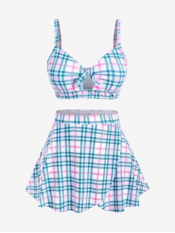 Plus Size Plaid Knot Cutout Padded Top and Skort Tankini Swimsuit