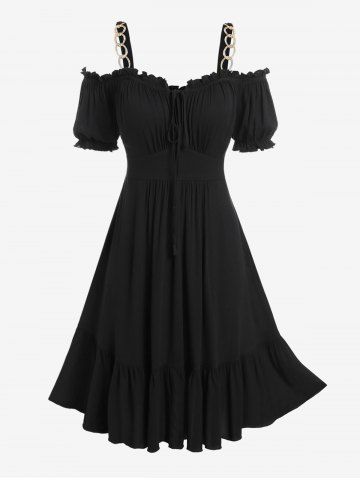 Plus Size Chains Ruffles Cold Shoulder A Line Dress - BLACK - L | US 12