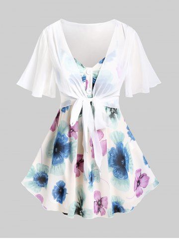 Set Top de Cami de Flor en Talla Extra con Nudo de Lazo - WHITE - L | US 12