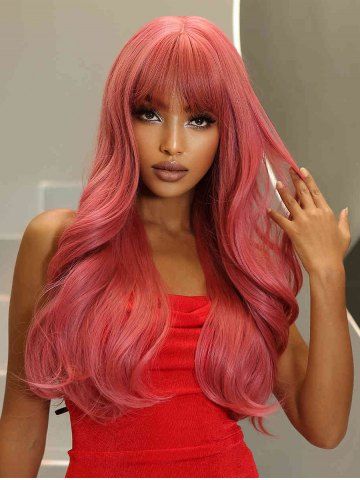 Pink See-through Bangs Long Wavy Synthetic Wig - TULIP PINK - 26INCH