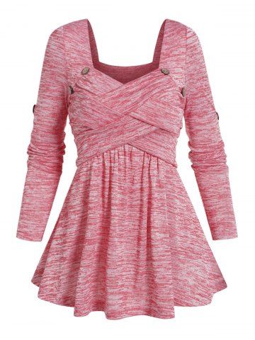 Haut Chiné Croisé Boutonné Manches Longues à Col en Forme de Cœur - LIGHT PINK - XL