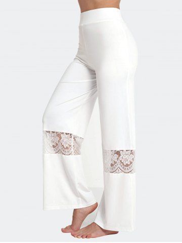 Pantalon Fluide Fleur Panneau en Dentelle Transparente à Jambe Large - WHITE - M