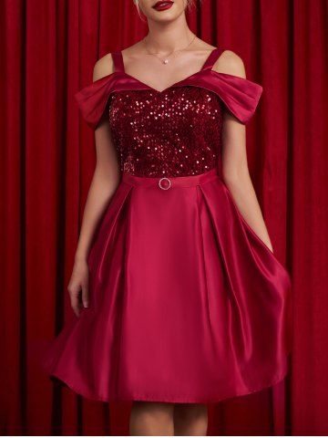 Sequined Cold Shoulder Rhinestone O Ring High Waisted A Line Mini Party Dress - DEEP RED - 2XL