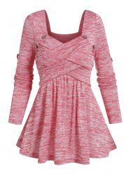 Crossover Sweetheart Neck Mock Button Long Sleeve Heathered Top -  