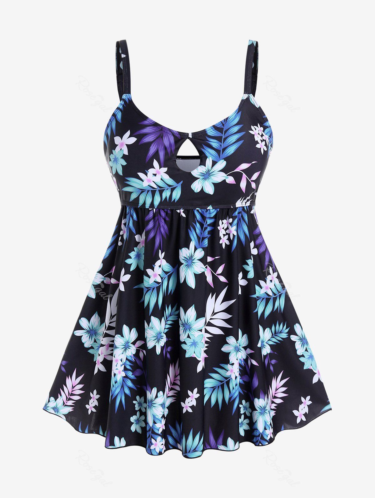 Shop Plus Size Keyhole Flower Leaf Printed Padded Tankini Swimsuit  