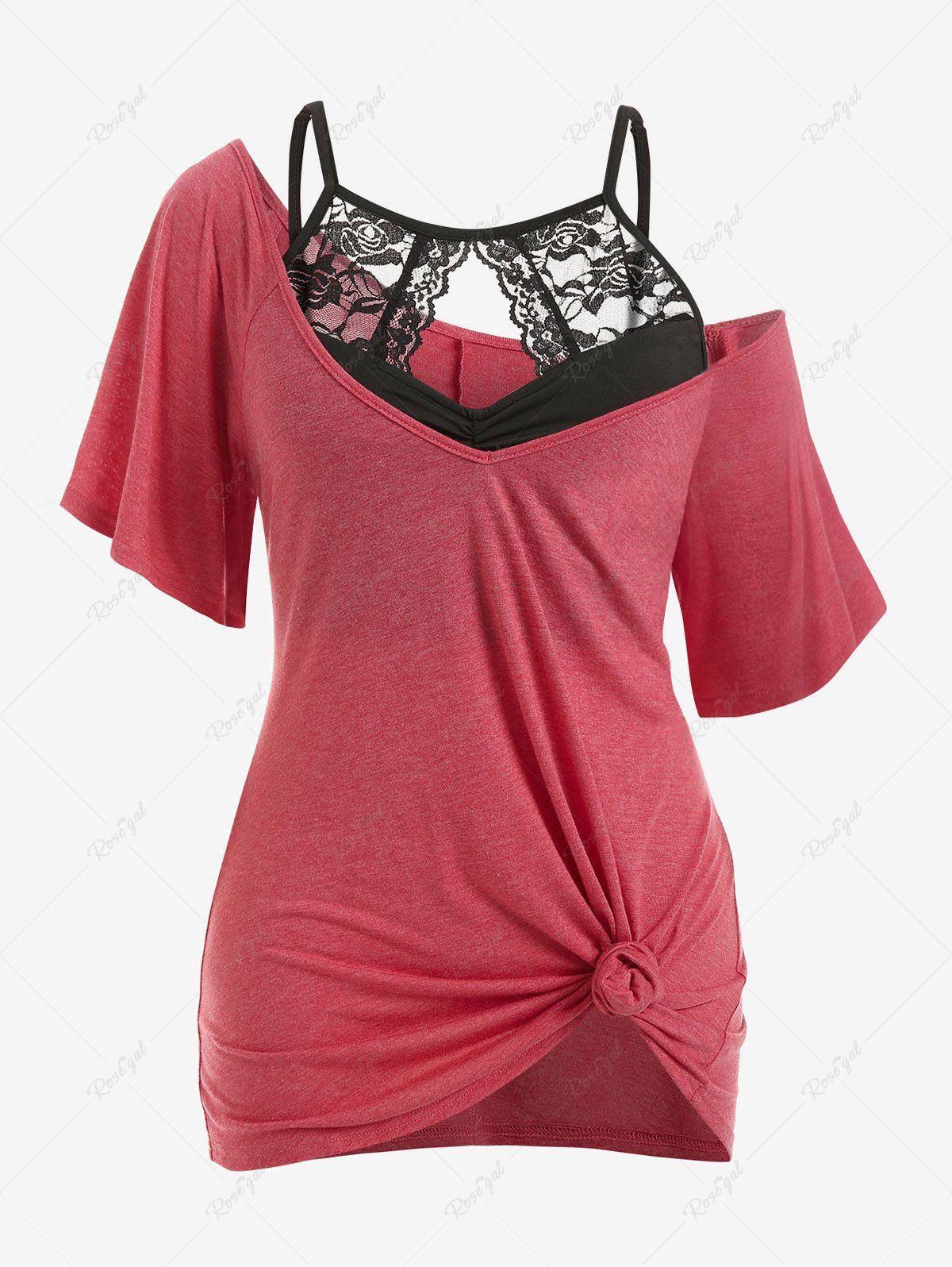 Sale Plus Size Knotted Tunic Tee and Lace Cutout Cami Top Set  