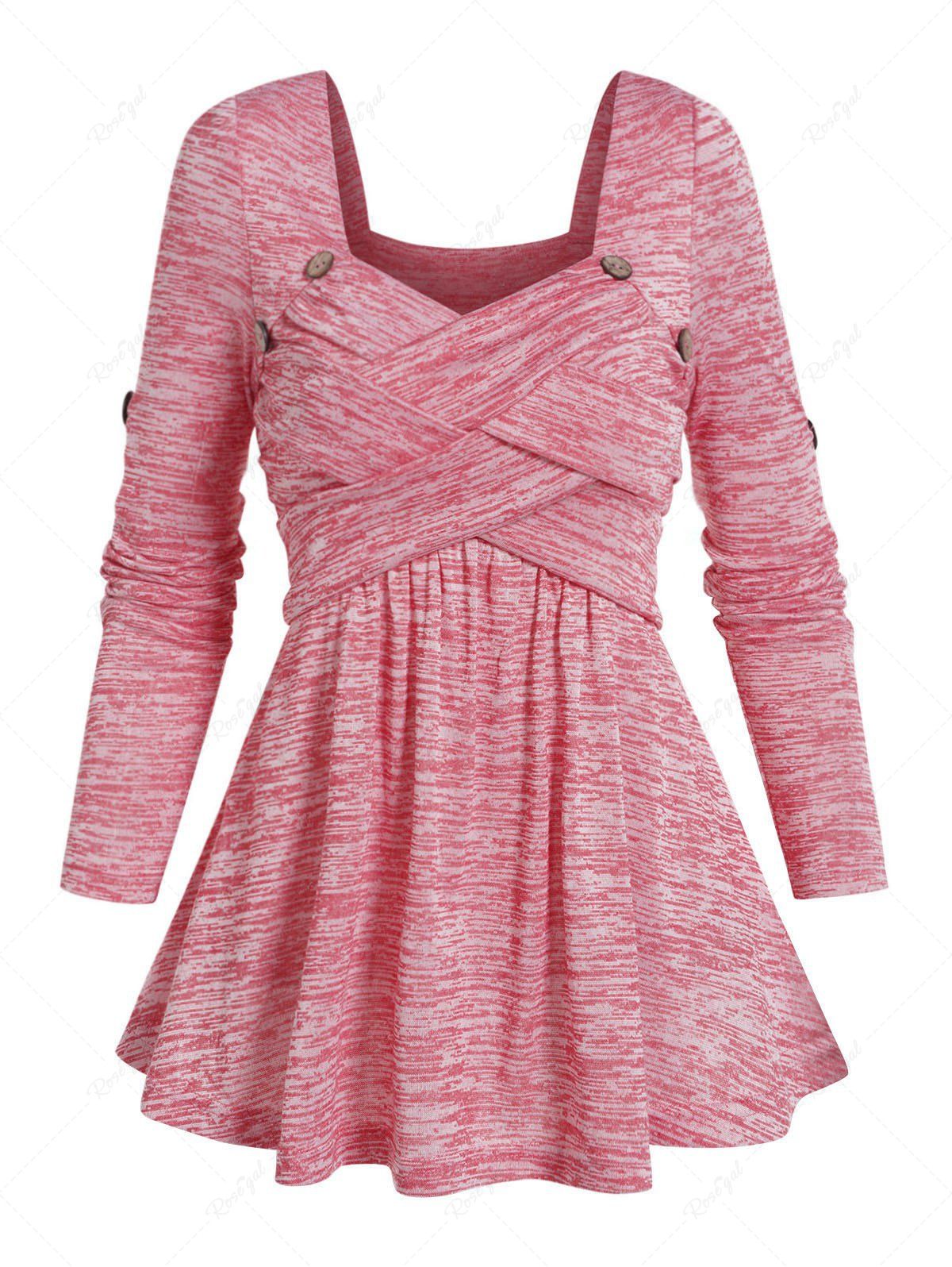 Haut Chiné Croisé Boutonné Manches Longues à Col en Forme de Cœur Rose clair S