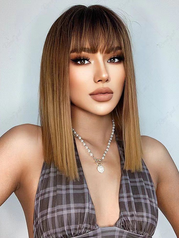 Outfits Brown Gradient Color Shoulder Length See Through Bangs Synthetic Wig  
