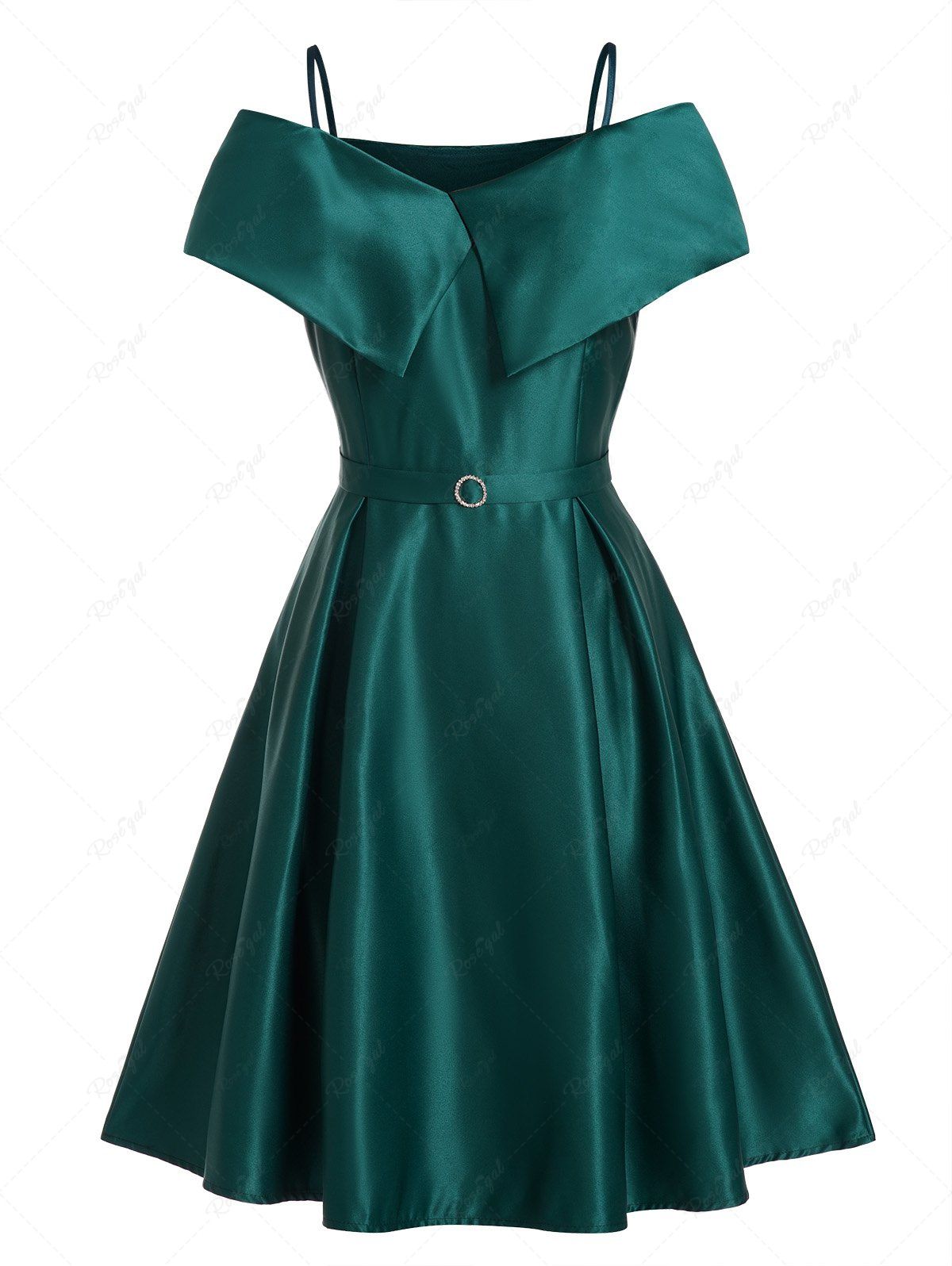 Robe de Soirée Plissée Epaule Dénudée à Taille Haute Vert profond XL