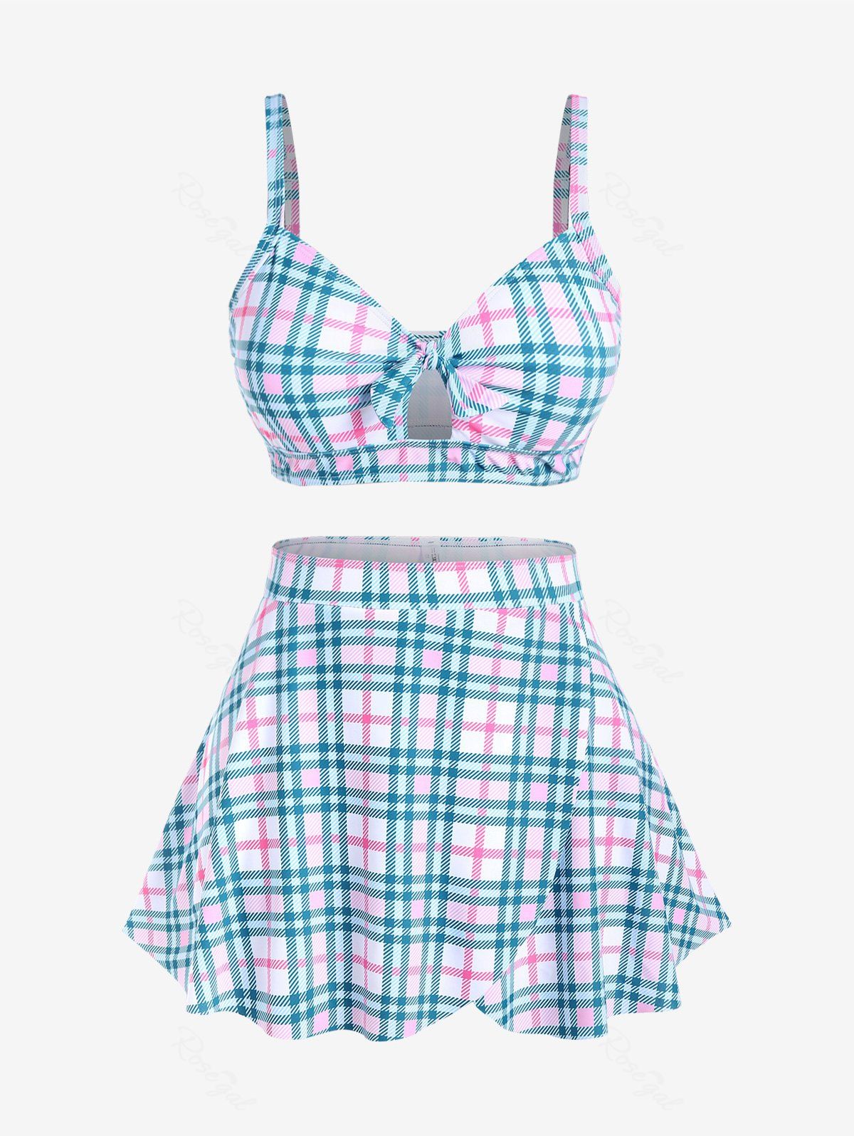 Outfits Plus Size Plaid Knot Cutout Padded Top and Skort Tankini Swimsuit  