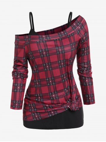 Plus Size Checked Off The Shoulder Top and Camisole Set - RED - L