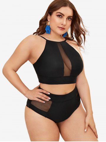 Plus Size Sheer Mesh Panel Backless Padded Tankini Swimsuit